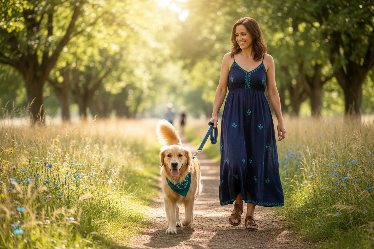 Dog walking with owner