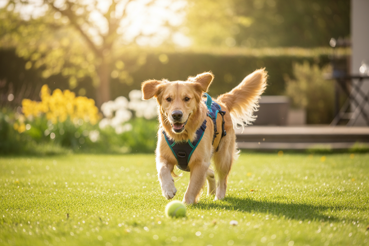 Dog with mobility support on grass