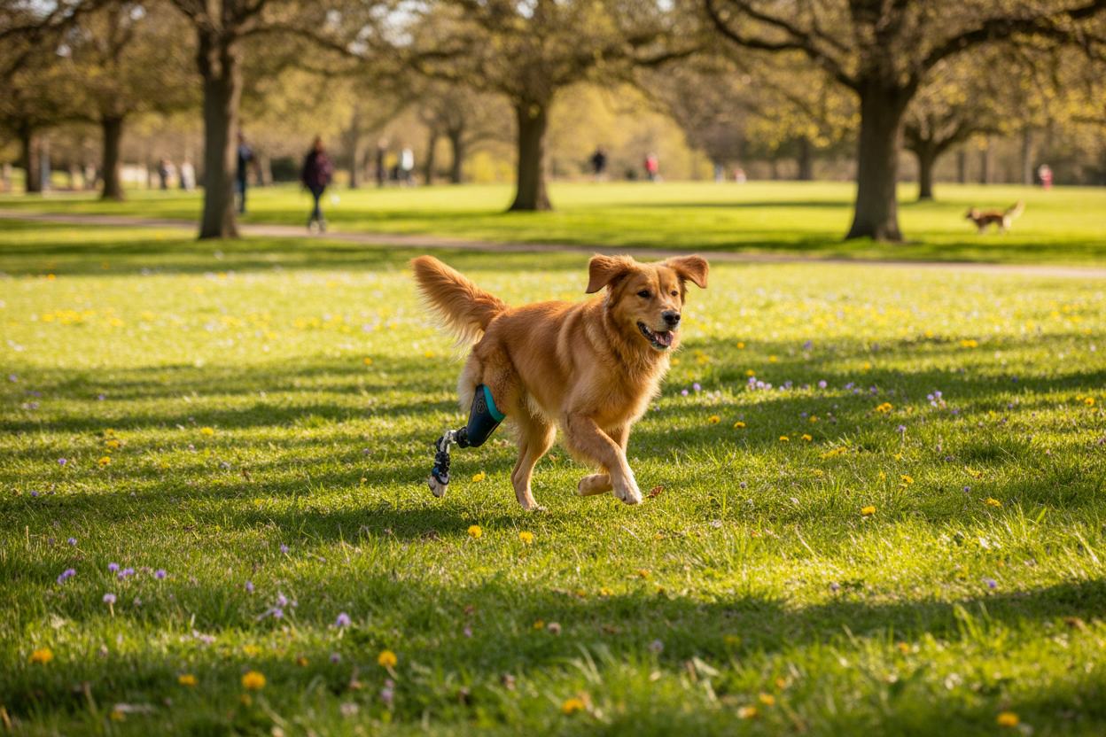 Dog with prosthetic leg running