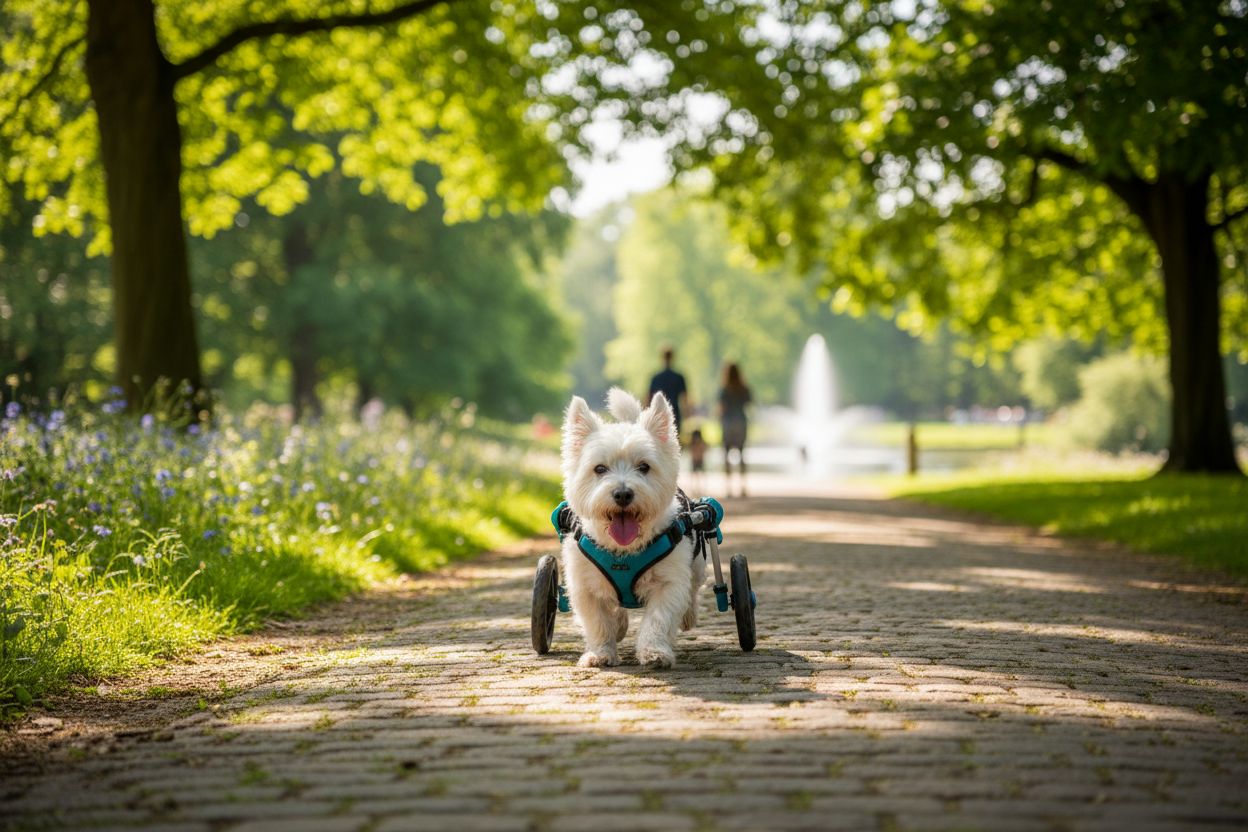 Small dog with adaptive wheels